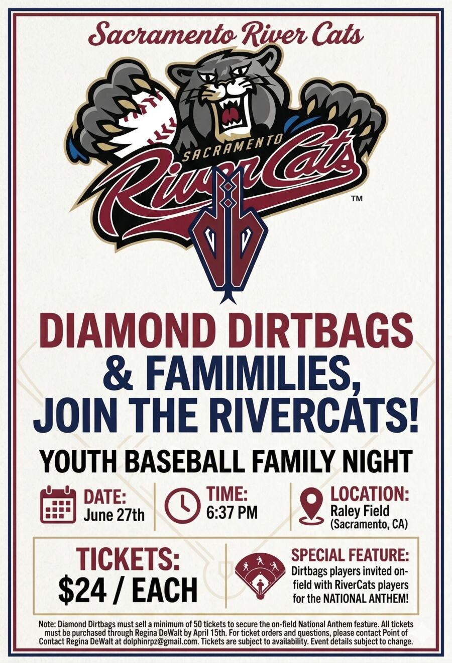 Sacramento River Cats Youth Baseball Family Night flier — June 27, 6:37 PM, Raley Field.