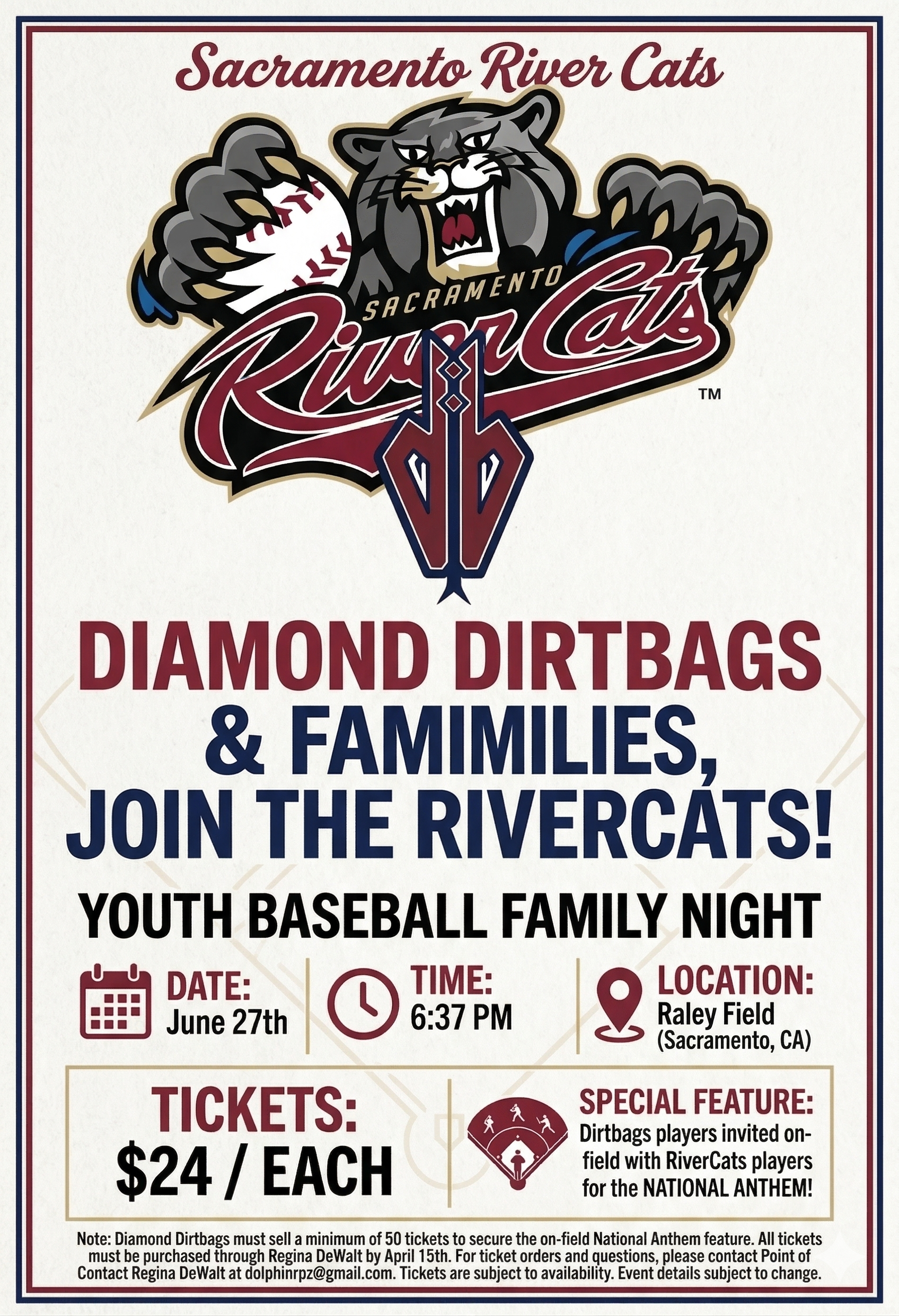 Sacramento River Cats Youth Baseball Family Night flier — June 27, 6:37 PM, Raley Field.